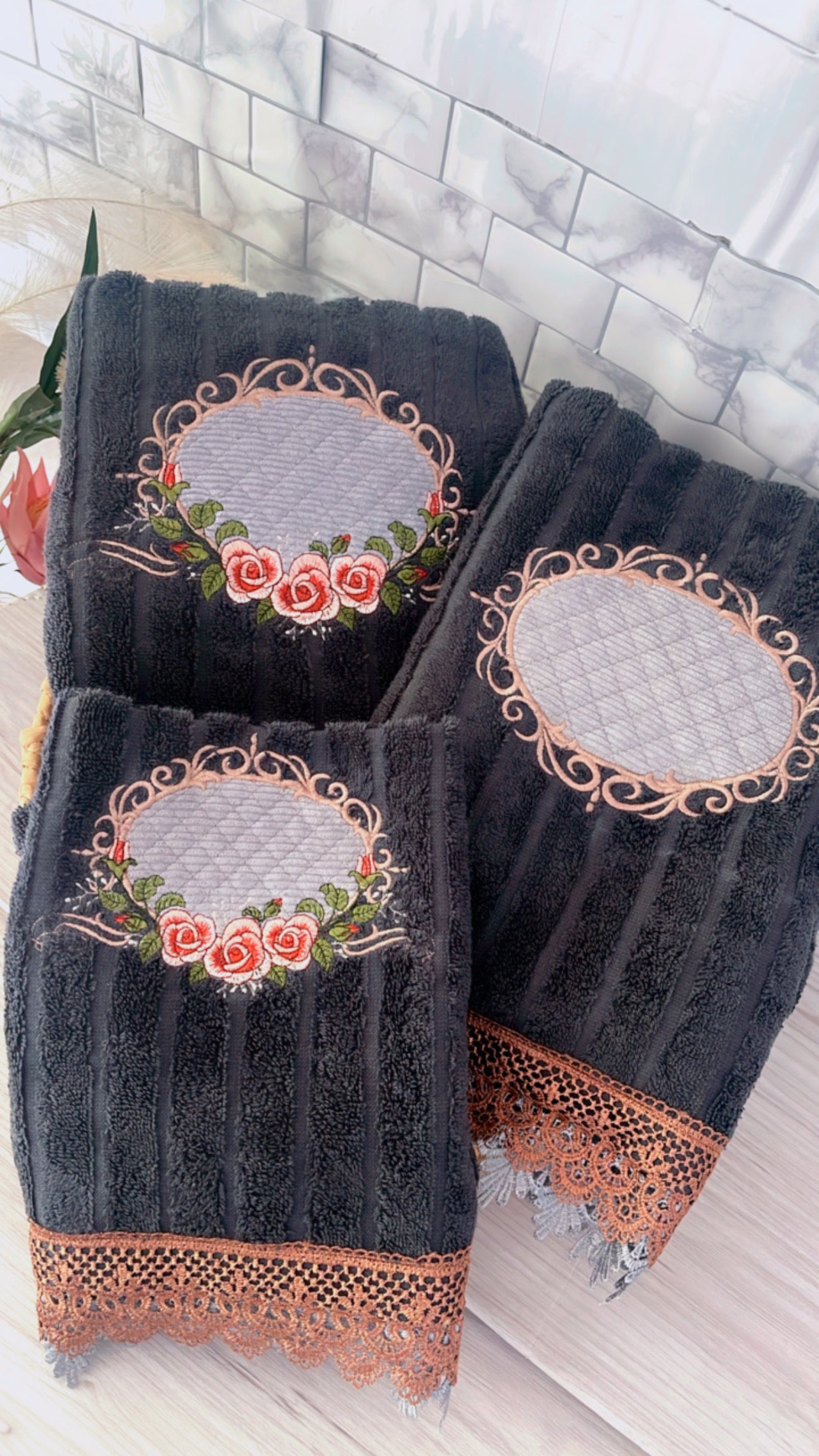 Dark Grey Embroidery Bath Towels Set - 3 pc