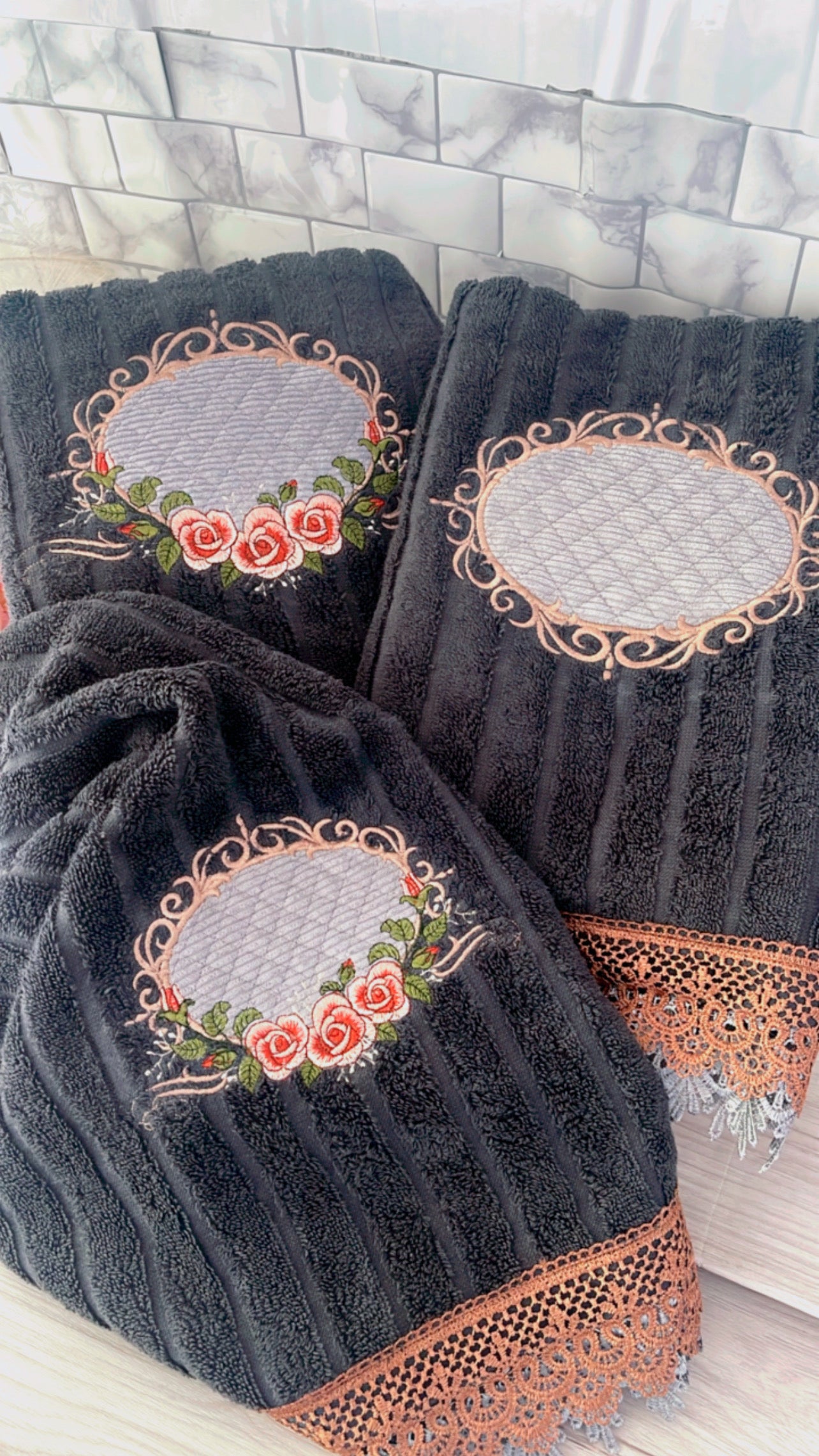 Dark Grey Embroidery Bath Towels Set - 3 pc