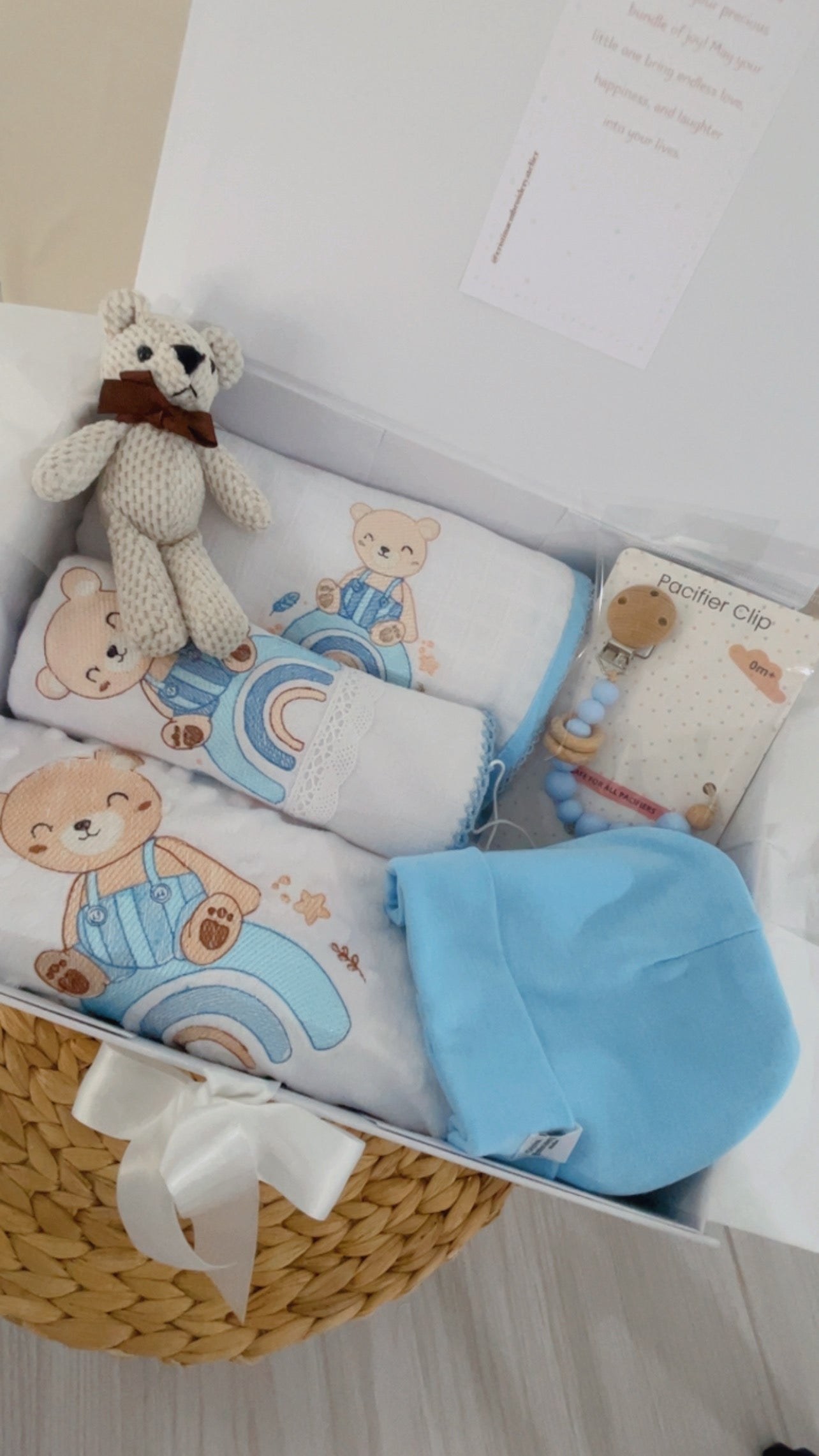 Blue - Classic - Baby Gift Box / Rainbow Teddy Bear / 6 pcs