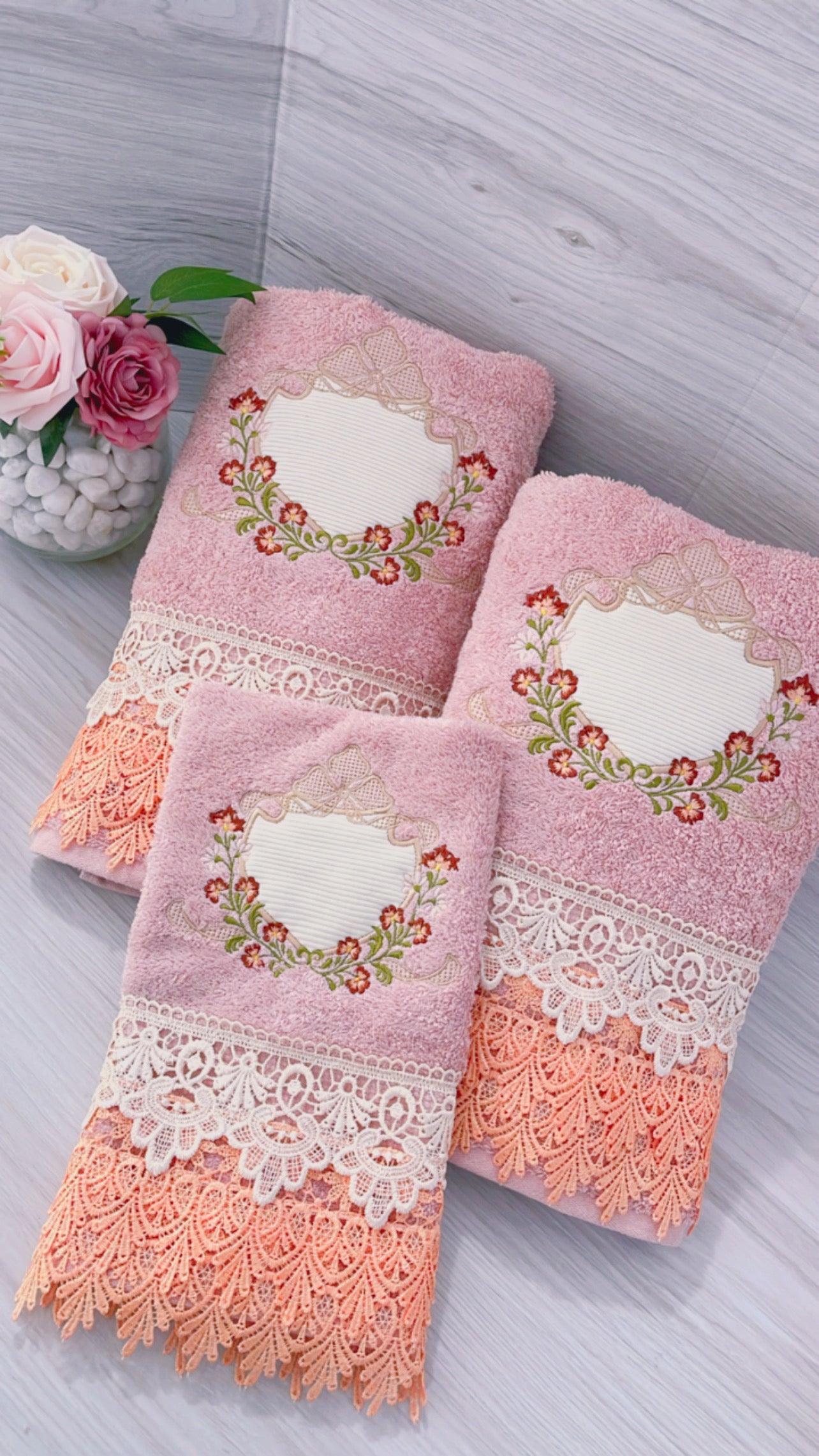 Embroidery Bath Towels Set -Pink- Dual Guipire