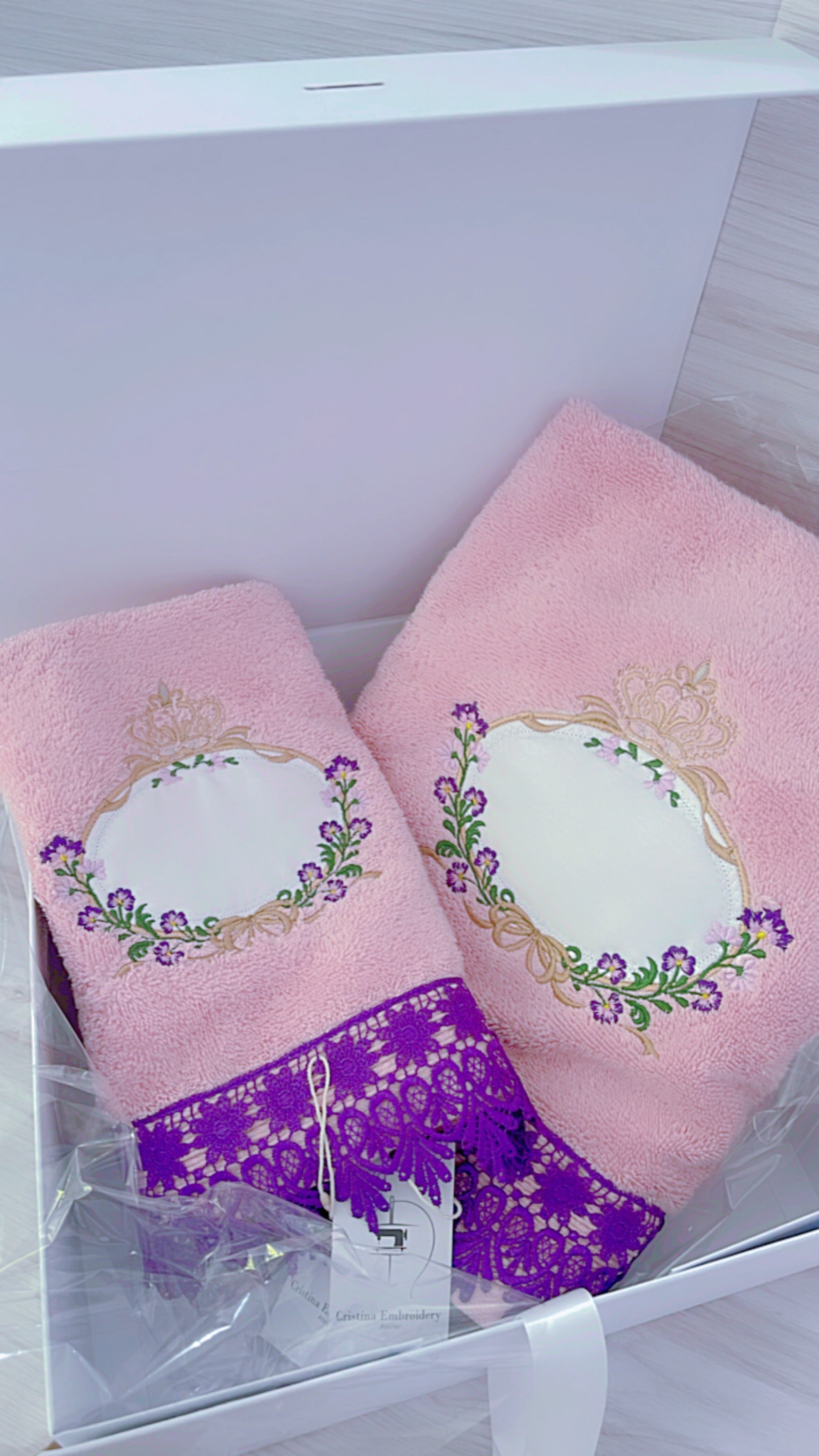 Embroidery Bath Towel Set 2 pcs - Pink and Purple