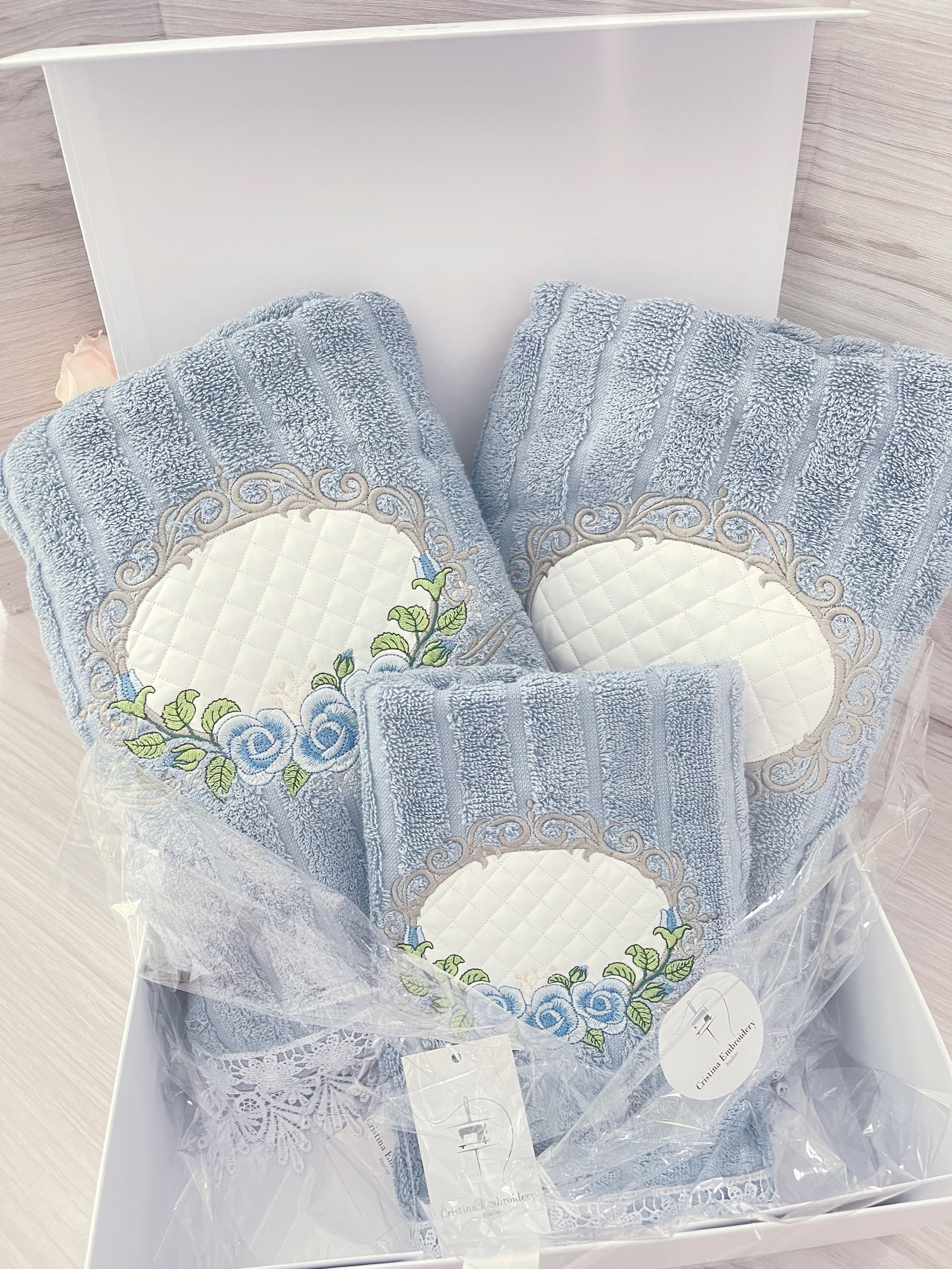 Embroidery Bath Towels Set - 3 pcs - Elegant Blue