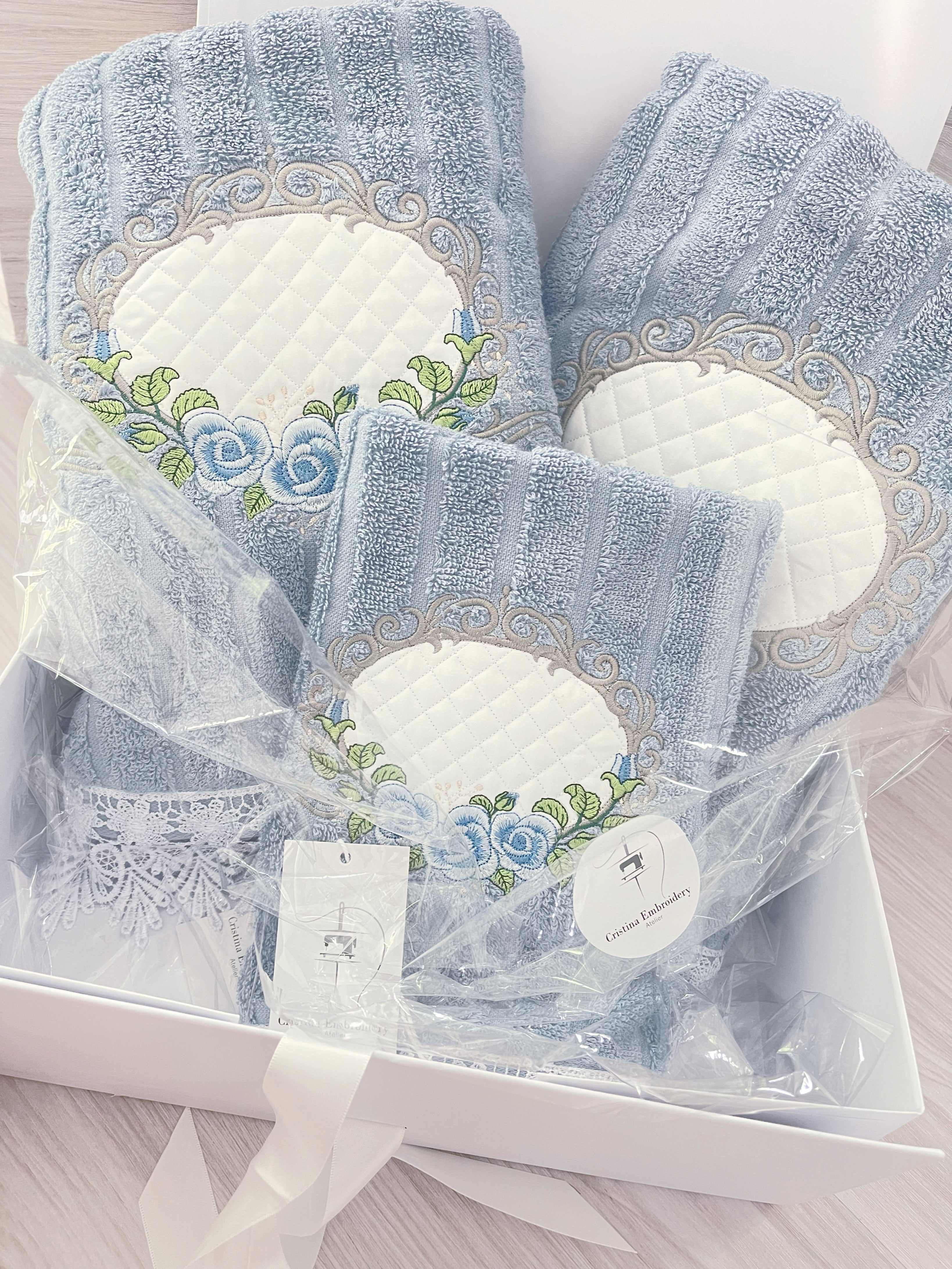 Embroidery Bath Towels Set - 3 pcs - Elegant Blue