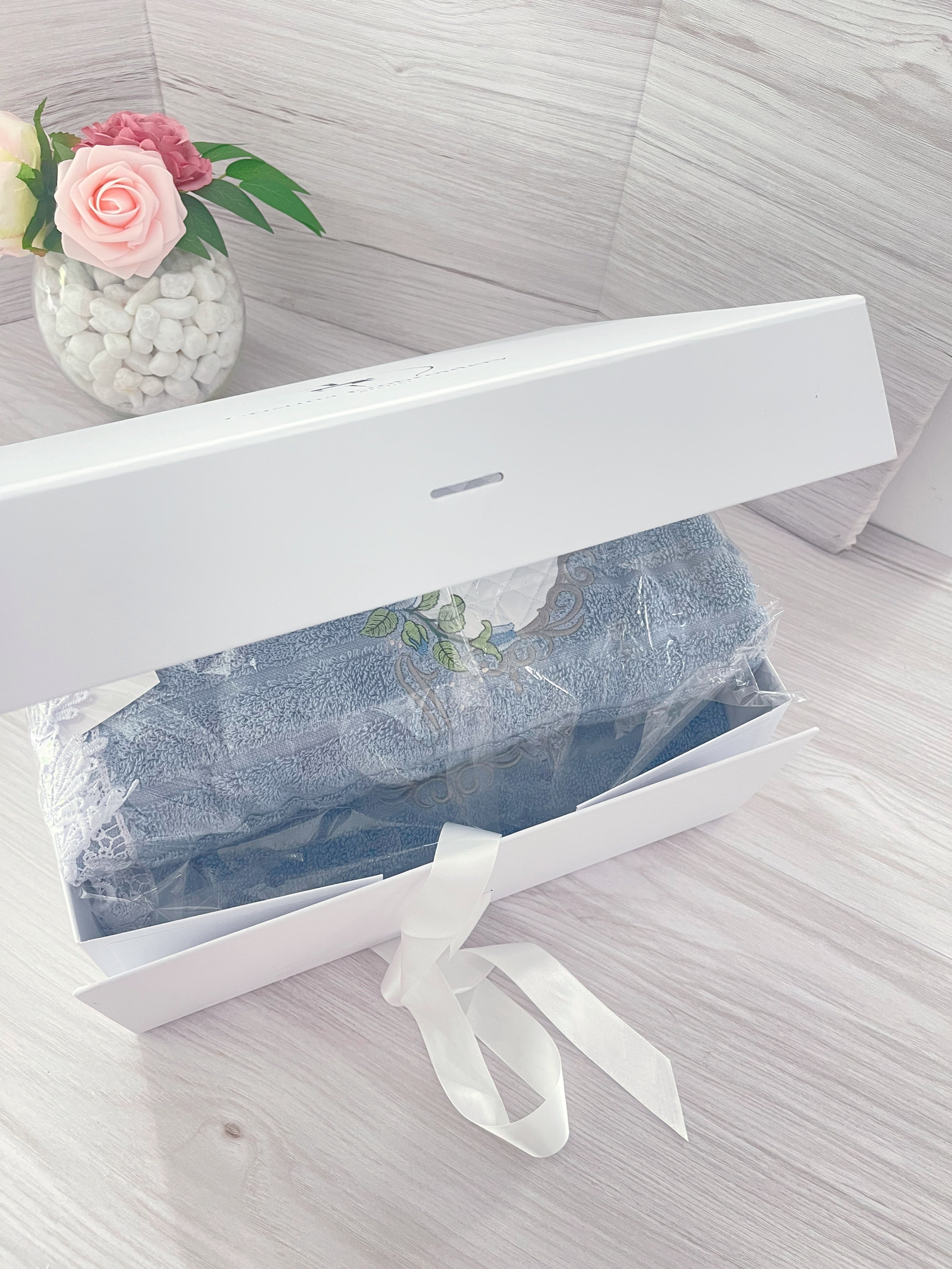 Embroidery Bath Towels Set - 3 pcs - Elegant Blue