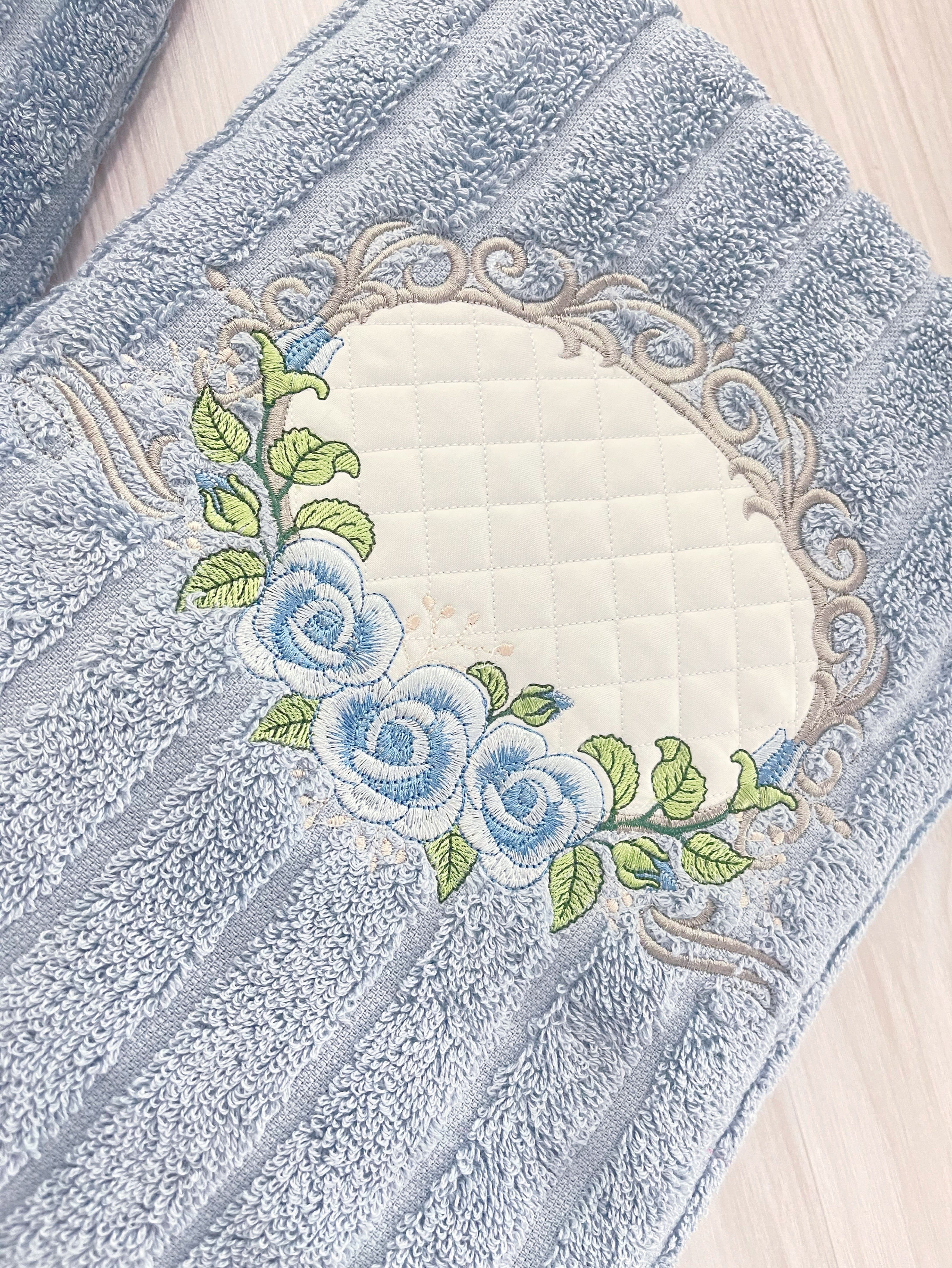 Embroidery Bath Towels Set - 3 pcs - Elegant Blue