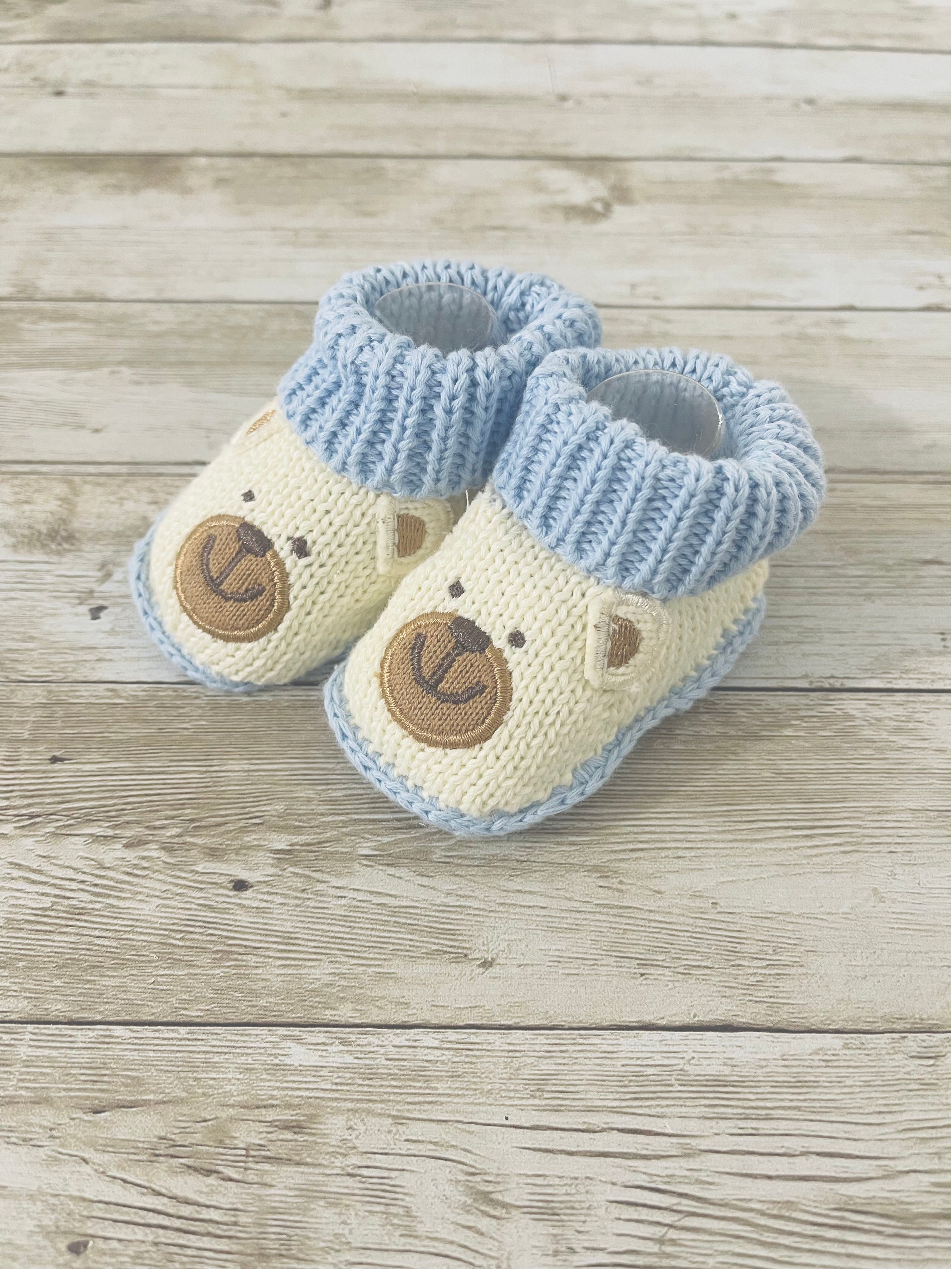 Crochet Booties - Embroidery - Handmade Baby Shoes Teddy Blue/Cream +2 Color Available