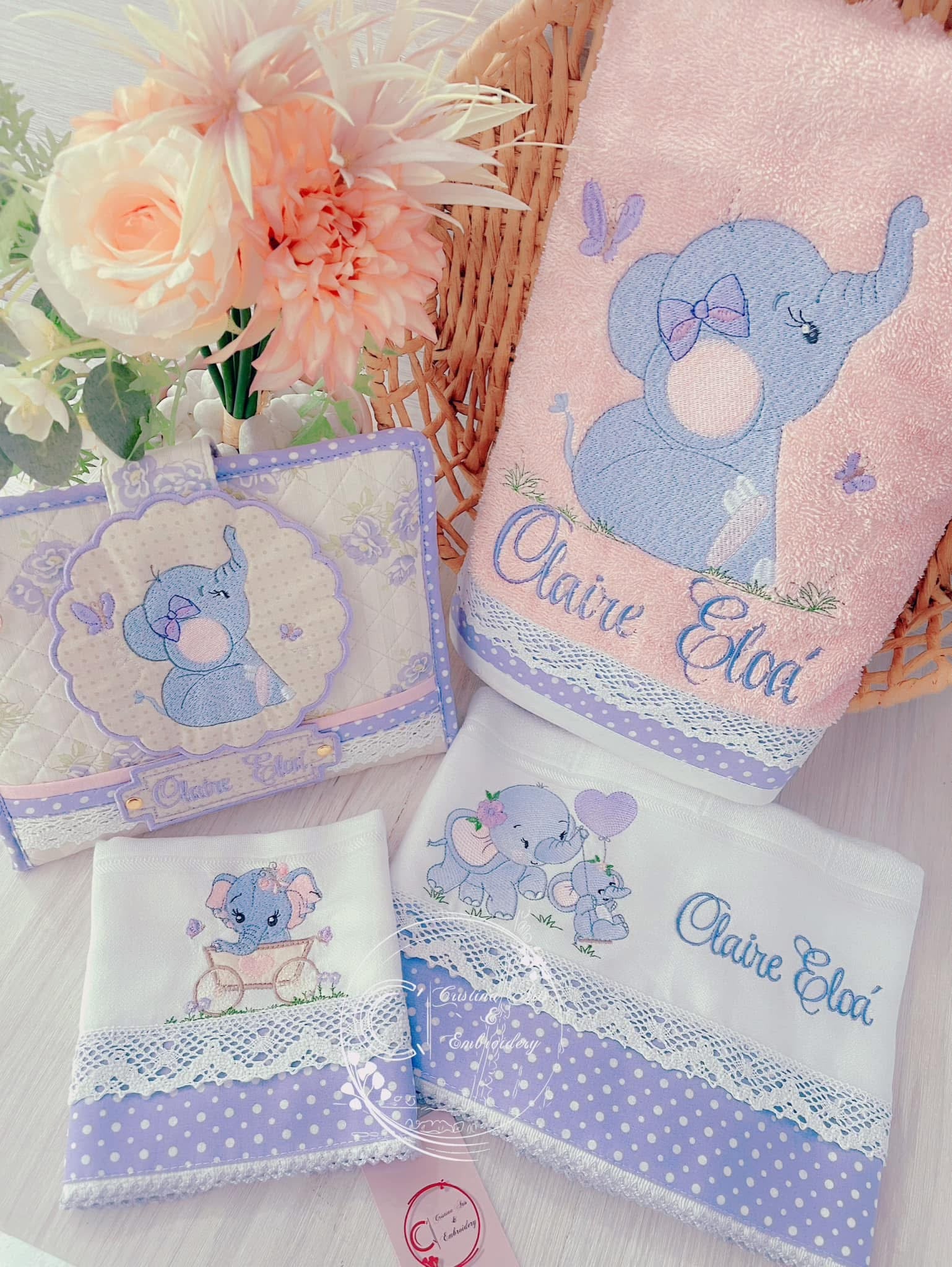 Personalised Embroidered Baby Set | Wet Wipes Bag Mini | Vaccination Record Book Cover Contact Us)
